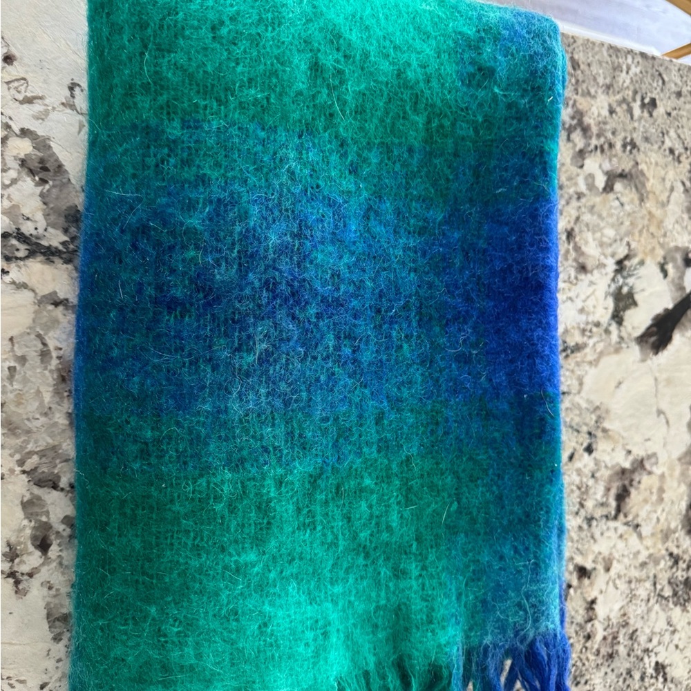 Made in Scotland Mohair and Wool Green and Blue Plaid Blanket - Picture 6 of 6